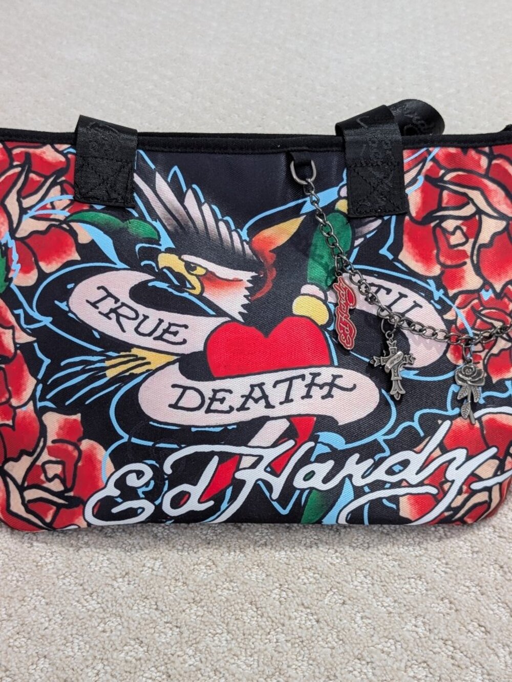 NWT Ed Hardy Lulu Black Tattoo Print Large Tote Bag Purse Charm Y2K
